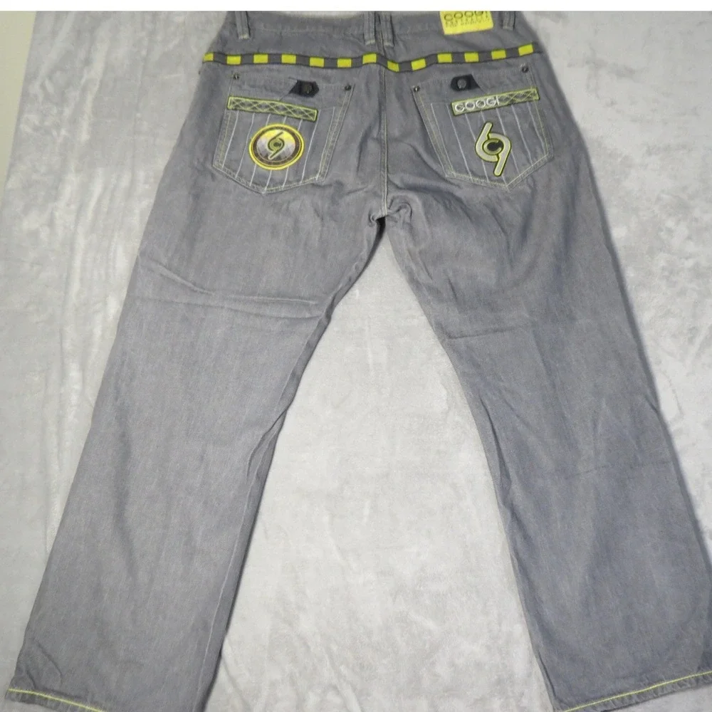 Vintage Coogi Jeans Mens W42 L35 Grey Neon Yellow Embroidered Relaxed Straight